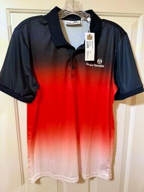 NWT New Sergio Tacchini Polo Large Black Orange White Logo Shirt Ombre